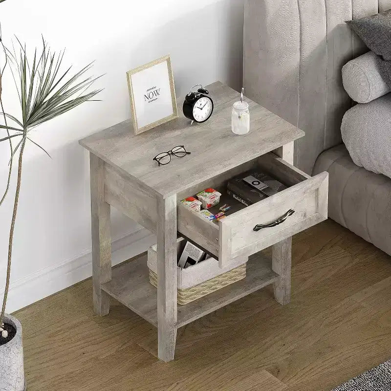 Table de chevet en bois avec 1 tiroir, étagère de rangement ouverte, table d'appoint industrielle, table de chevet étroite blanche, polyvalente pour chambre à coucher, petits espaces