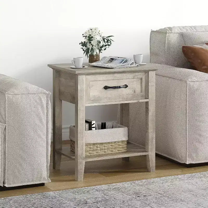 Table de chevet en bois avec 1 tiroir, étagère de rangement ouverte, table d'appoint industrielle, table de chevet étroite blanche, polyvalente pour chambre à coucher, petits espaces