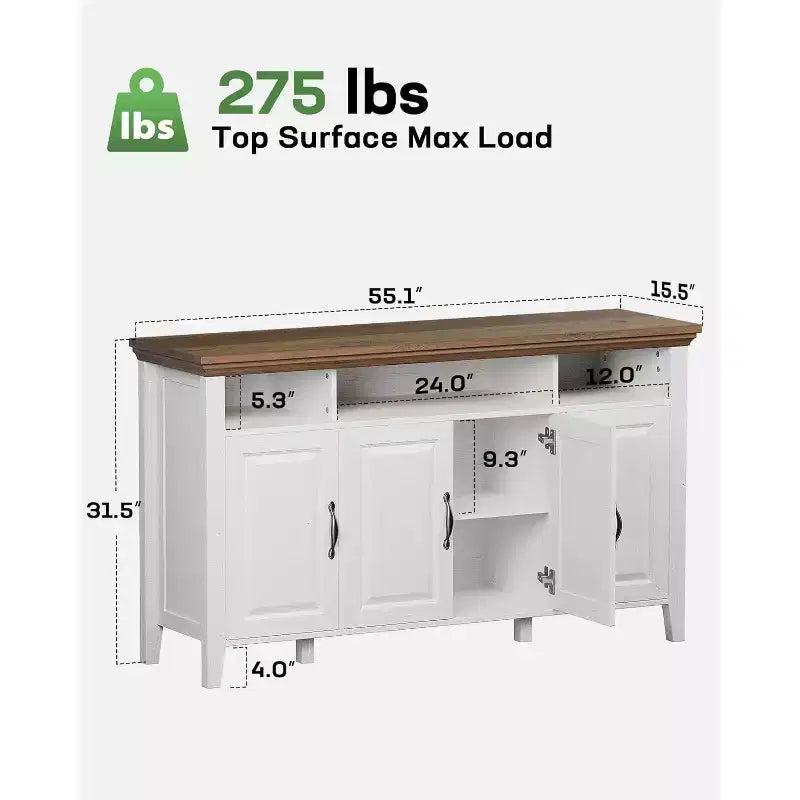 Bahut de buffet avec rangement, grand buffet de 140 cm avec étagères réglables, 4 portes, meuble de bar à café moderne style ferme