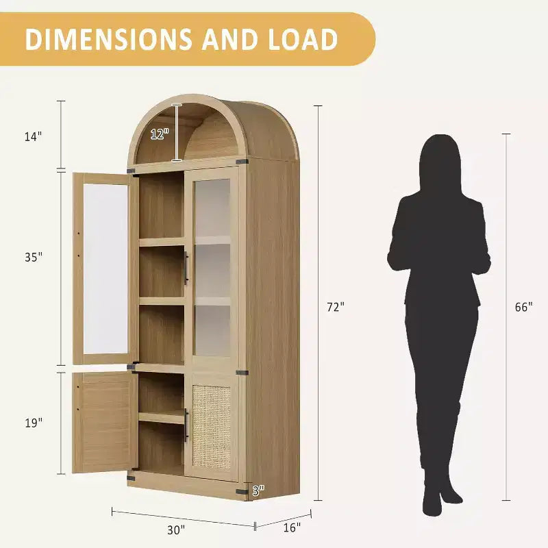 Bibliothèque arquée de 183 cm avec portes vitrées, Armoire de rangement en bois à 6 niveaux pour salon, cuisine ou bureau, Étagères de présentation de style ferme