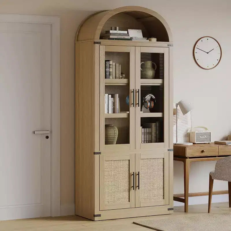 Bibliothèque arquée de 183 cm avec portes vitrées, Armoire de rangement en bois à 6 niveaux pour salon, cuisine ou bureau, Étagères de présentation de style ferme