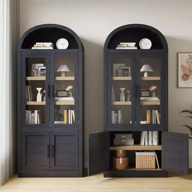 Bibliothèque arquée de 183 cm avec portes vitrées, Armoire de rangement en bois à 6 niveaux pour salon, cuisine ou bureau, Étagères de présentation de style ferme