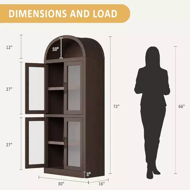 Bibliothèque arquée de 183 cm avec portes vitrées, Armoire de rangement en bois à 6 niveaux pour salon, cuisine ou bureau, Étagères de présentation de style ferme