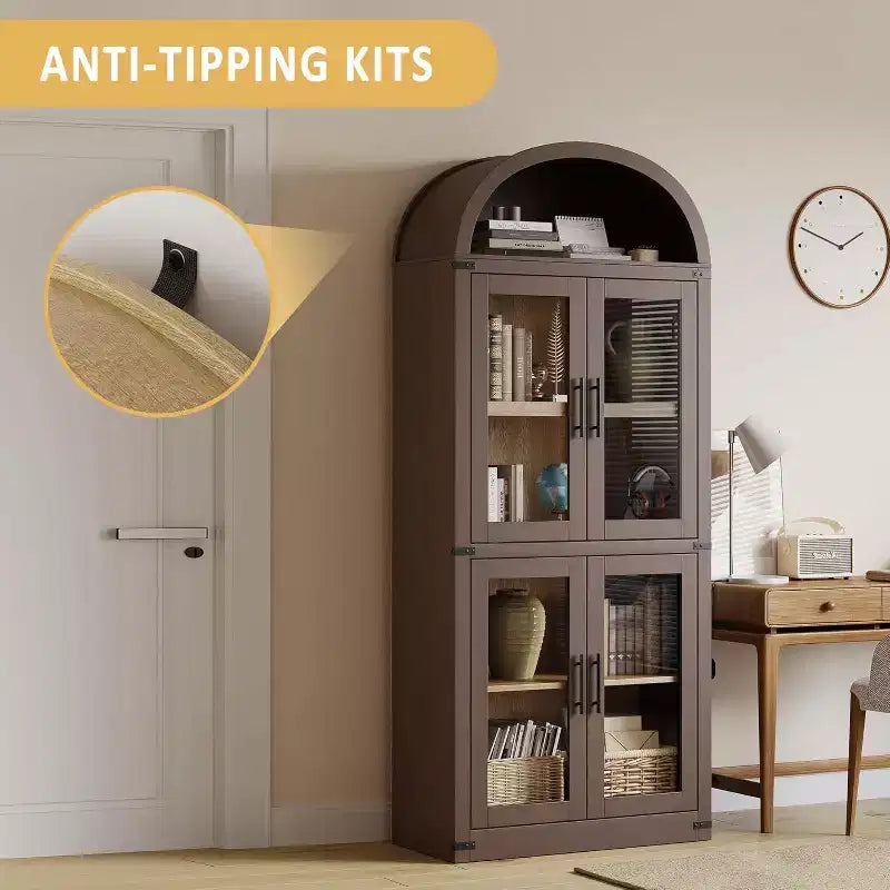 Bibliothèque arquée de 183 cm avec portes vitrées, Armoire de rangement en bois à 6 niveaux pour salon, cuisine ou bureau, Étagères de présentation de style ferme