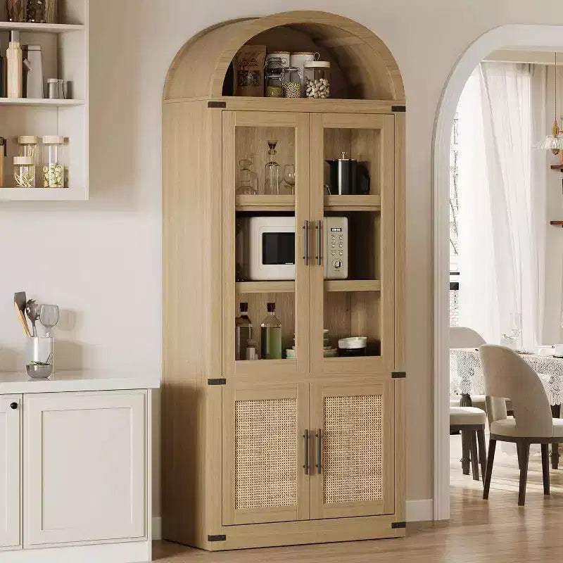 Bibliothèque arquée de 183 cm avec portes vitrées, Armoire de rangement en bois à 6 niveaux pour salon, cuisine ou bureau, Étagères de présentation de style ferme