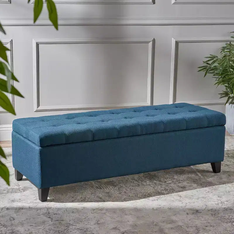 Pouf de rangement capitonné gaufré, banc de rangement avec pieds en bois, banc d'entrée pour salon, chambre à coucher, bleu marine