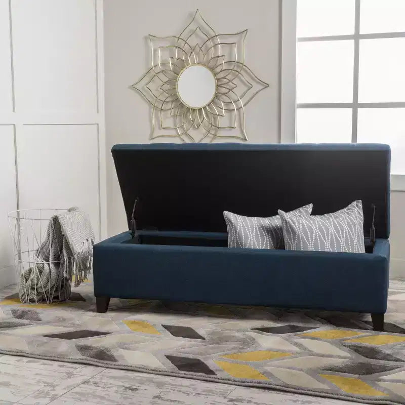 Pouf de rangement capitonné gaufré, banc de rangement avec pieds en bois, banc d'entrée pour salon, chambre à coucher, bleu marine