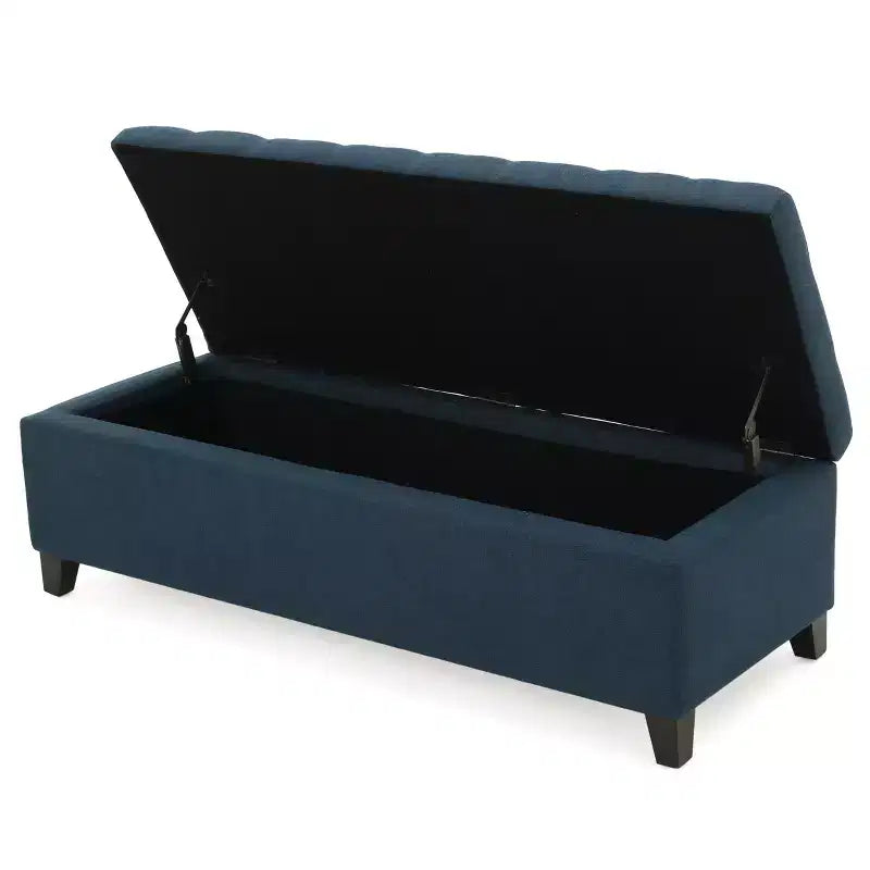 Pouf de rangement capitonné gaufré, banc de rangement avec pieds en bois, banc d'entrée pour salon, chambre à coucher, bleu marine