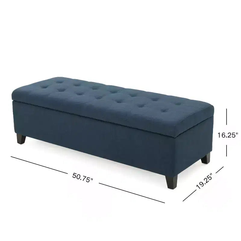 Pouf de rangement capitonné gaufré, banc de rangement avec pieds en bois, banc d'entrée pour salon, chambre à coucher, bleu marine