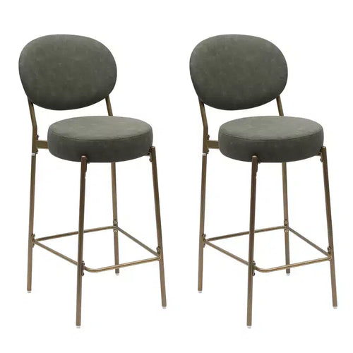 HomeRoots Set of Two 29 Green and Gold Faux Leather and Metal Low Back Bar Height Bar Chairs