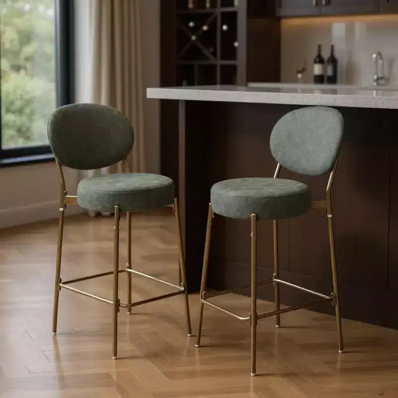 29.13 pouces (H) Chaises de bar hauteur bar en similicuir et métal vert et or à dossier bas