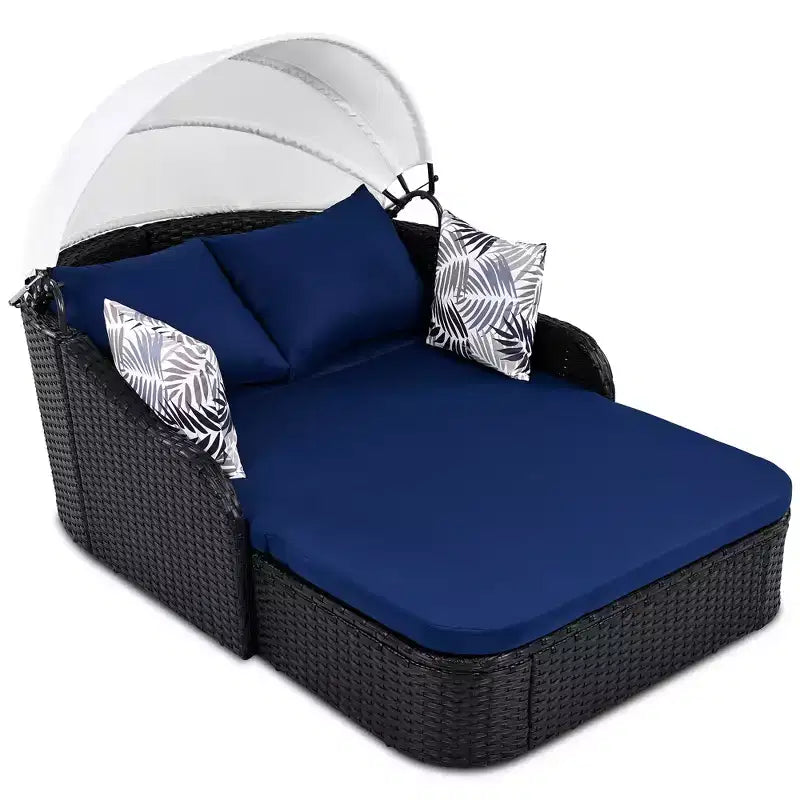 Chaise longue d'extérieur avec auvent réglable, double, transat en rotin synthétique, résine tressée noire et coussin