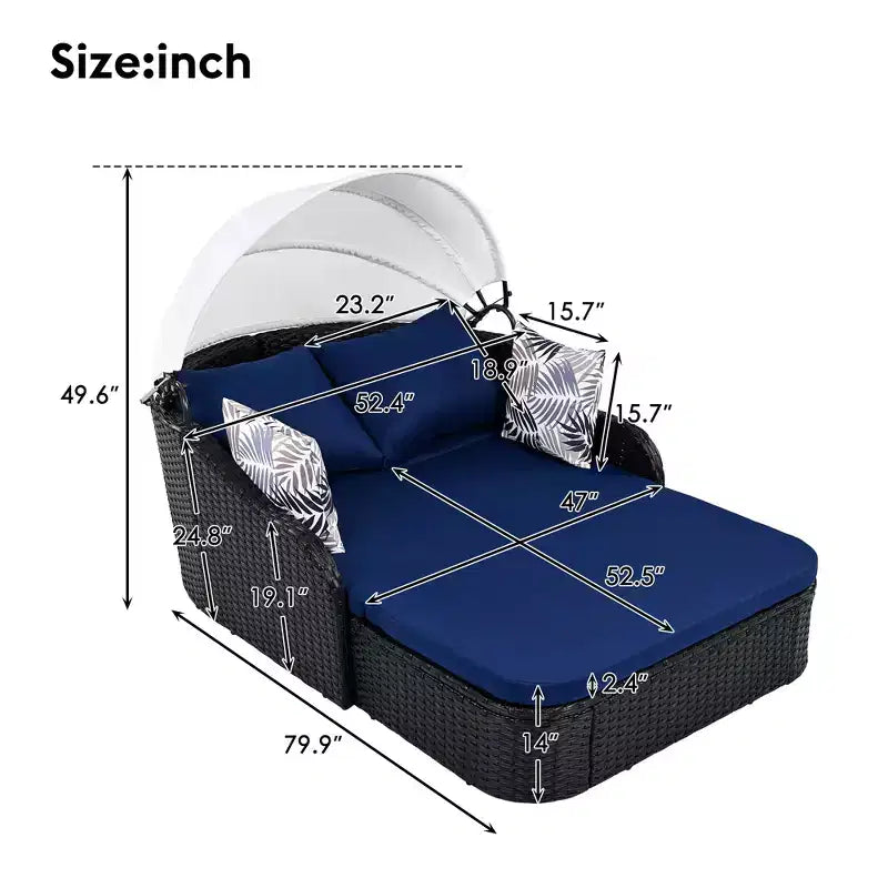 Chaise longue d'extérieur avec auvent réglable, double, transat en rotin synthétique, résine tressée noire et coussin