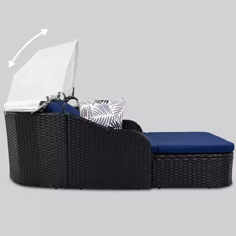 Chaise longue d'extérieur avec auvent réglable, double, transat en rotin synthétique, résine tressée noire et coussin