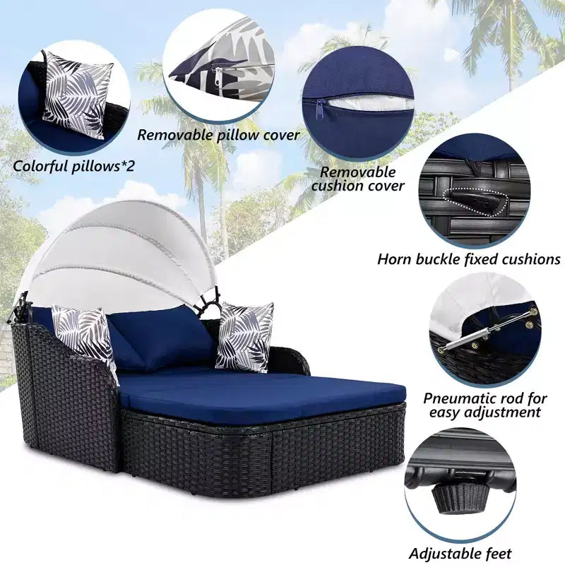 Chaise longue d'extérieur avec auvent réglable, double, transat en rotin synthétique, résine tressée noire et coussin