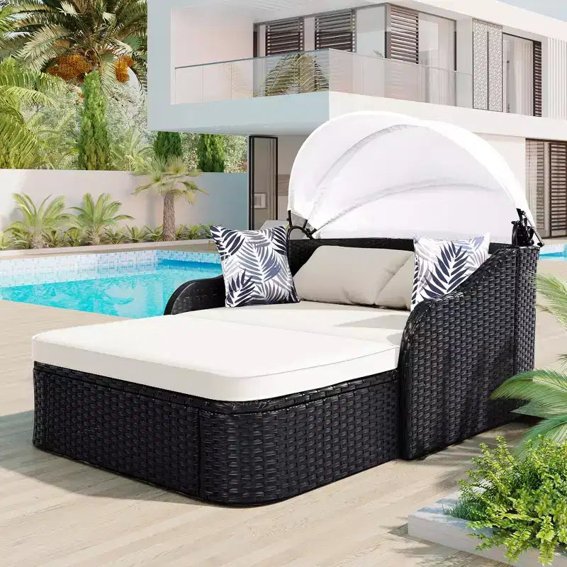Chaise longue d'extérieur avec auvent réglable, double, transat en rotin synthétique, résine tressée noire et coussin