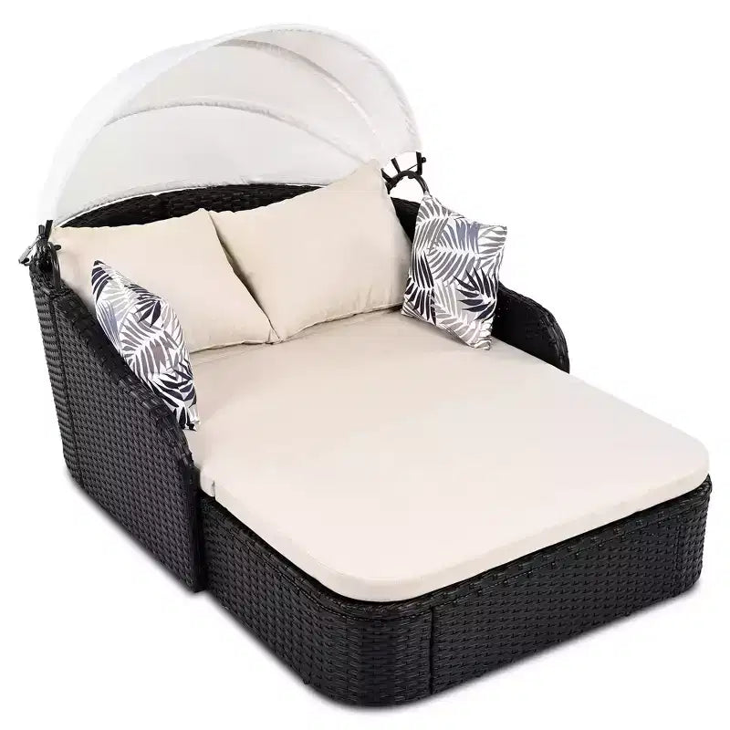 Chaise longue d'extérieur avec auvent réglable, double, transat en rotin synthétique, résine tressée noire et coussin