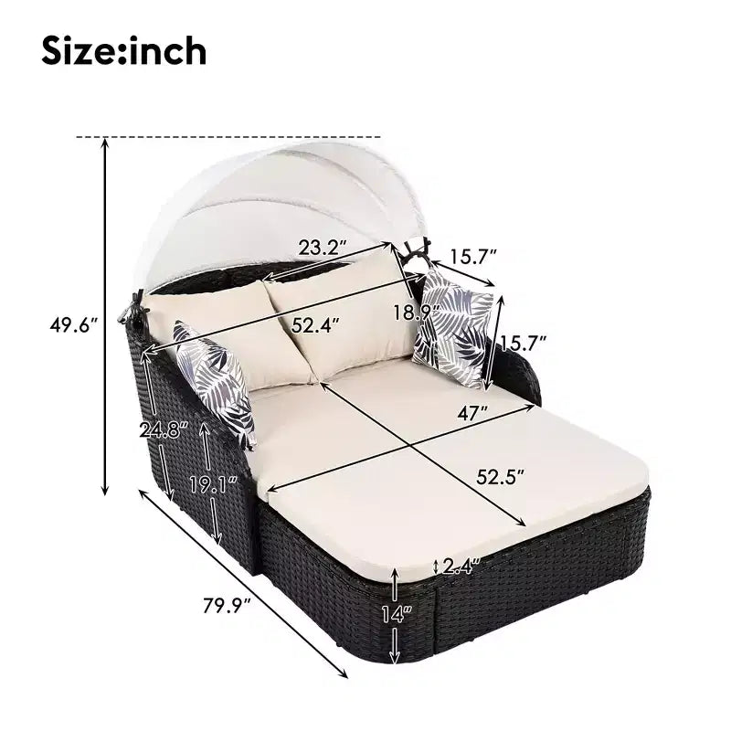 Chaise longue d'extérieur avec auvent réglable, double, transat en rotin synthétique, résine tressée noire et coussin