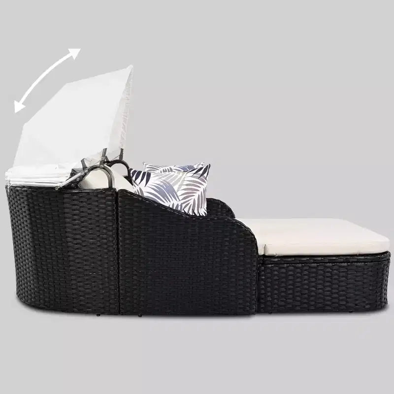 Chaise longue d'extérieur avec auvent réglable, double, transat en rotin synthétique, résine tressée noire et coussin