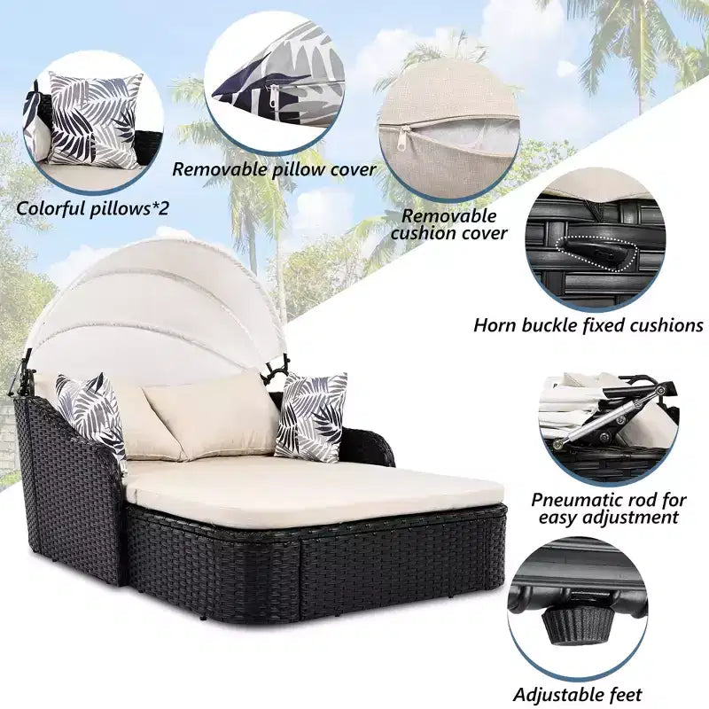 Chaise longue d'extérieur avec auvent réglable, double, transat en rotin synthétique, résine tressée noire et coussin