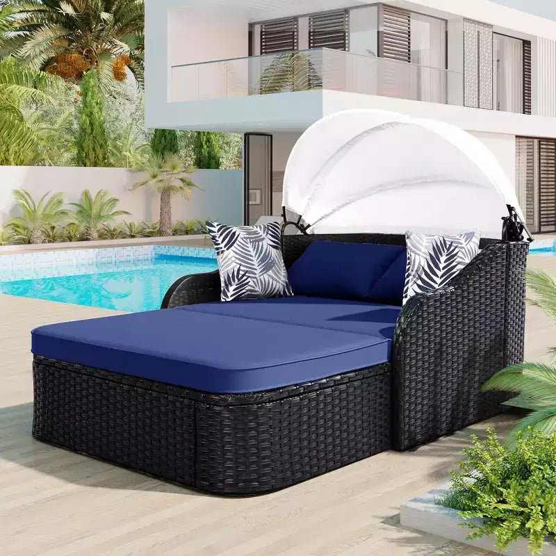 Chaise longue d'extérieur avec auvent réglable, double, transat en rotin synthétique, résine tressée noire et coussin