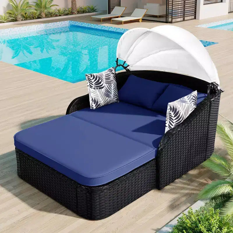 Chaise longue d'extérieur avec auvent réglable, double, transat en rotin synthétique, résine tressée noire et coussin