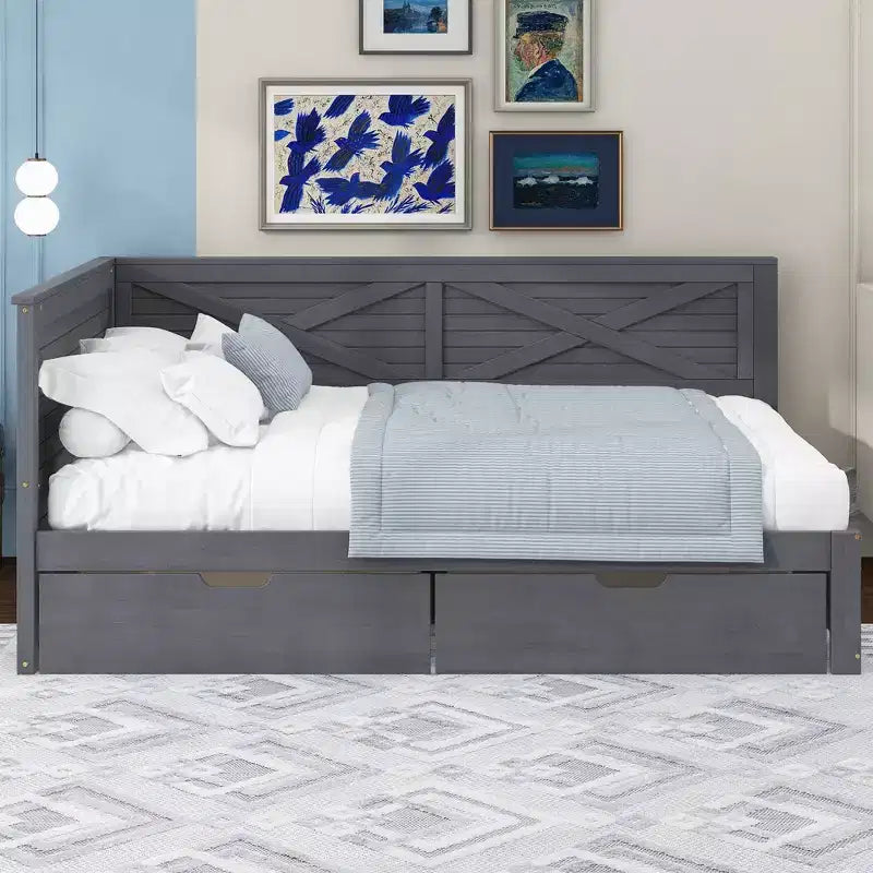 Lit de repos double en bois avec 2 tiroirs et garde-corps rustique