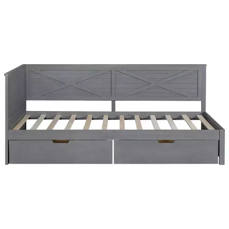Lit de repos double en bois avec 2 tiroirs et garde-corps rustique