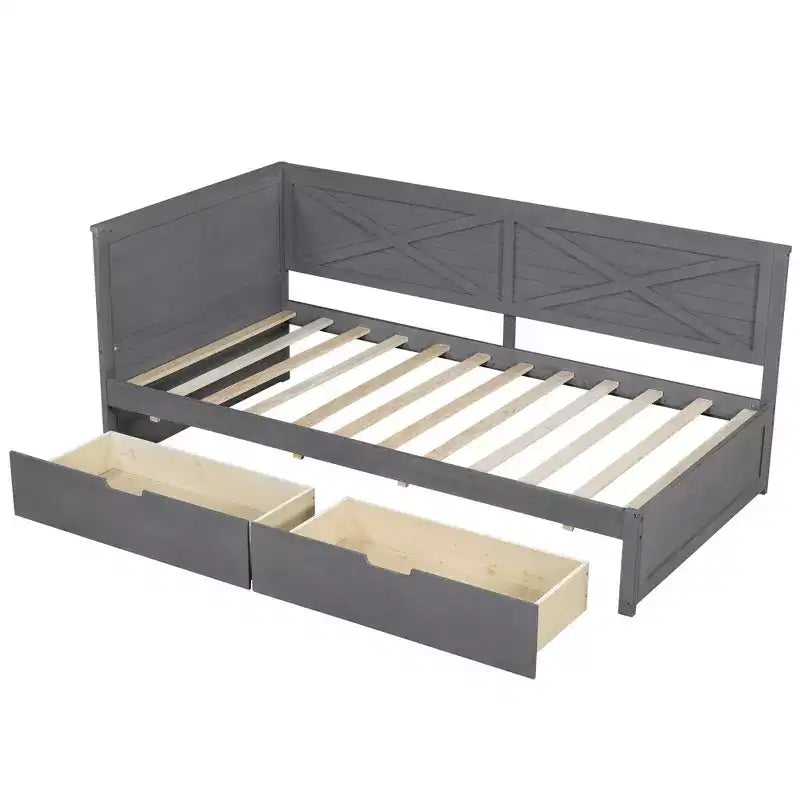 Lit de repos double en bois avec 2 tiroirs et garde-corps rustique