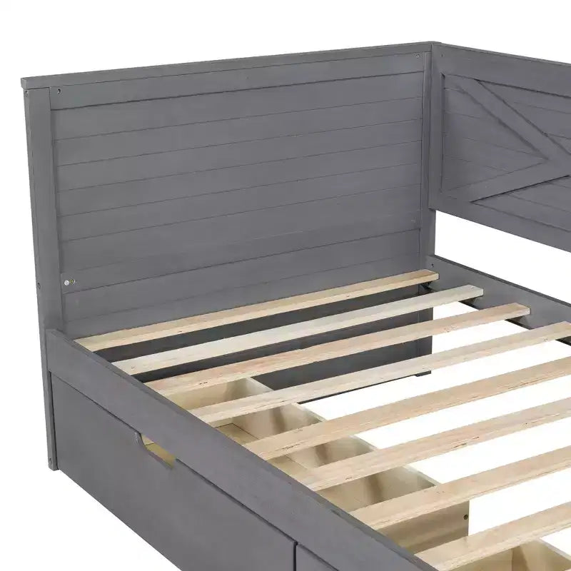Lit de repos double en bois avec 2 tiroirs et garde-corps rustique