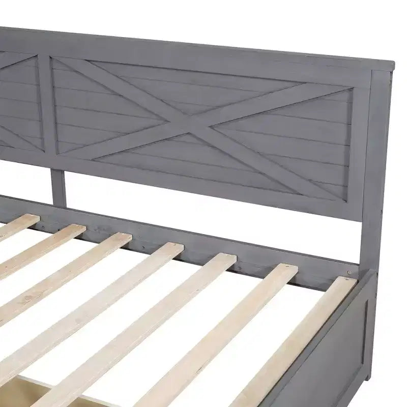 Lit de repos double en bois avec 2 tiroirs et garde-corps rustique