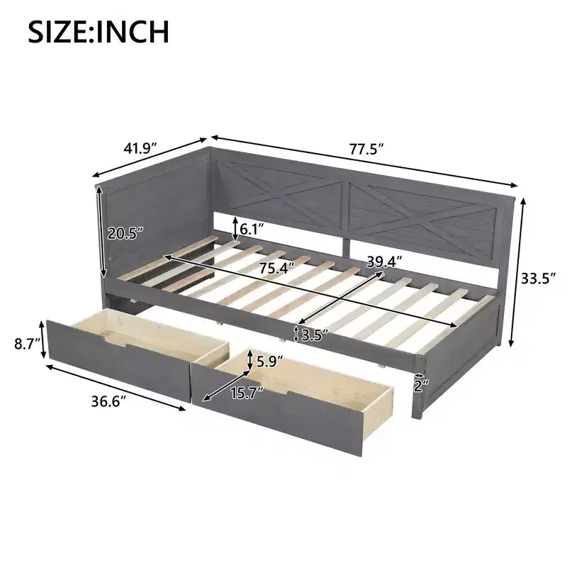 Lit de repos double en bois avec 2 tiroirs et garde-corps rustique