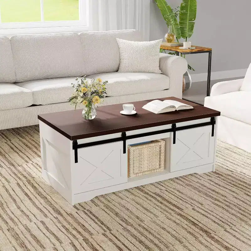 Table basse élégante avec dessus relevable à mouvement doux | Rangement caché et étagère amovible, design rustique bois-métal, montage facile
