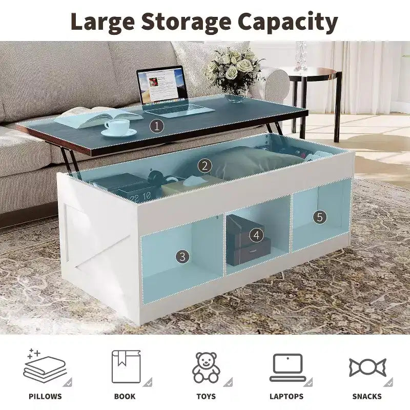 Table basse élégante avec dessus relevable à mouvement doux | Rangement caché et étagère amovible, design rustique bois-métal, montage facile