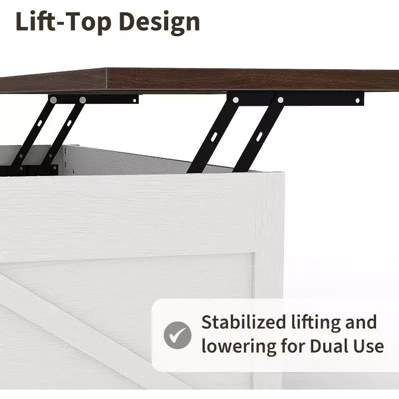 Table basse élégante avec dessus relevable à mouvement doux | Rangement caché et étagère amovible, design rustique bois-métal, montage facile