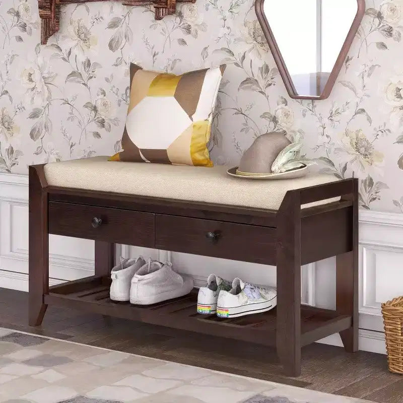 Banc de rangement à chaussures en bois massif avec 2 tiroirs et coussin, organiseur d'entrée multifonction avec base en grille, expresso