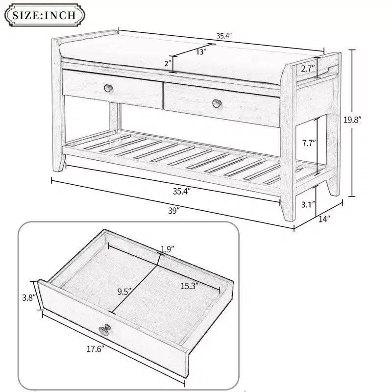 Banc de rangement à chaussures en bois massif avec 2 tiroirs et coussin, organiseur d'entrée multifonction avec base en grille, expresso