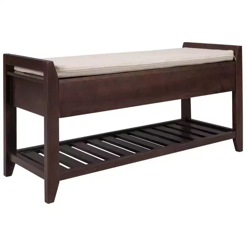 Banc de rangement à chaussures en bois massif avec 2 tiroirs et coussin, organiseur d'entrée multifonction avec base en grille, expresso