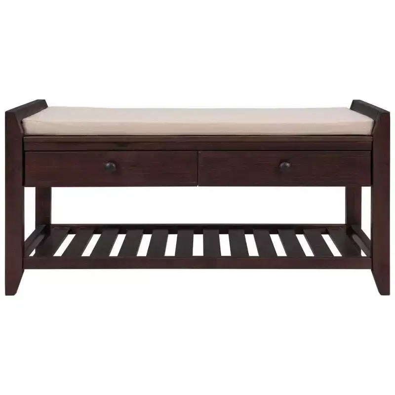 Banc de rangement à chaussures en bois massif avec 2 tiroirs et coussin, organiseur d'entrée multifonction avec base en grille, expresso
