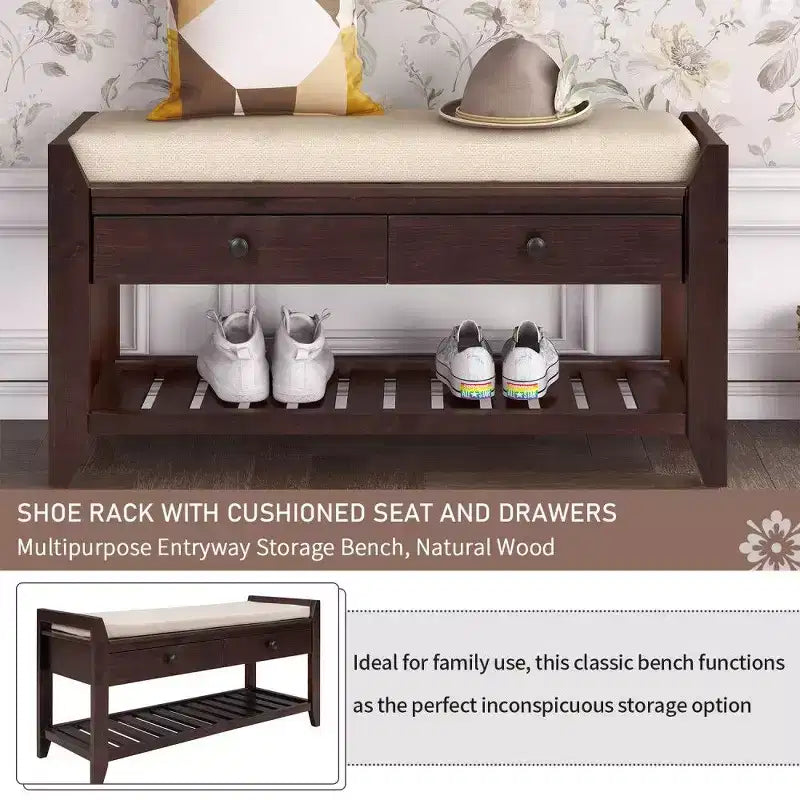 Banc de rangement à chaussures en bois massif avec 2 tiroirs et coussin, organiseur d'entrée multifonction avec base en grille, expresso