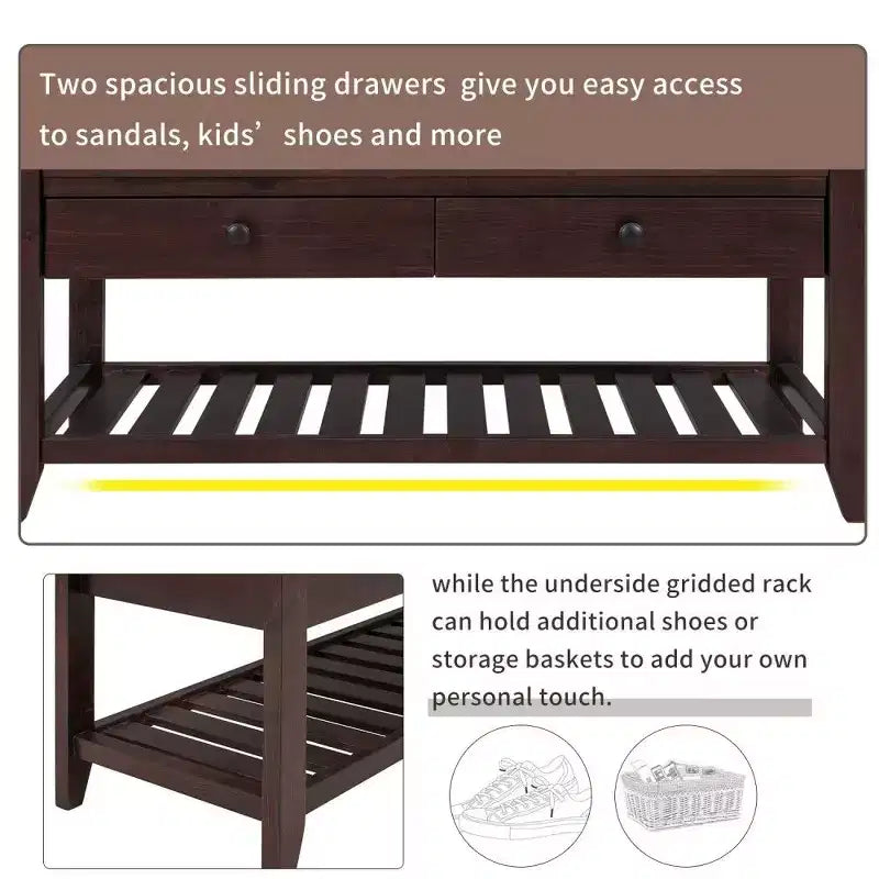 Banc de rangement à chaussures en bois massif avec 2 tiroirs et coussin, organiseur d'entrée multifonction avec base en grille, expresso