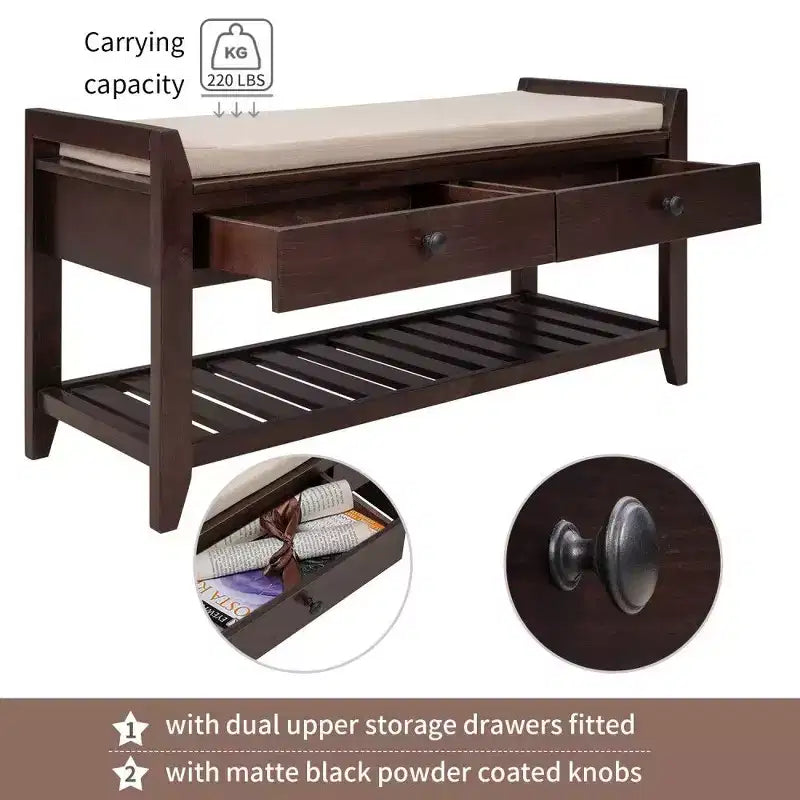Banc de rangement à chaussures en bois massif avec 2 tiroirs et coussin, organiseur d'entrée multifonction avec base en grille, expresso