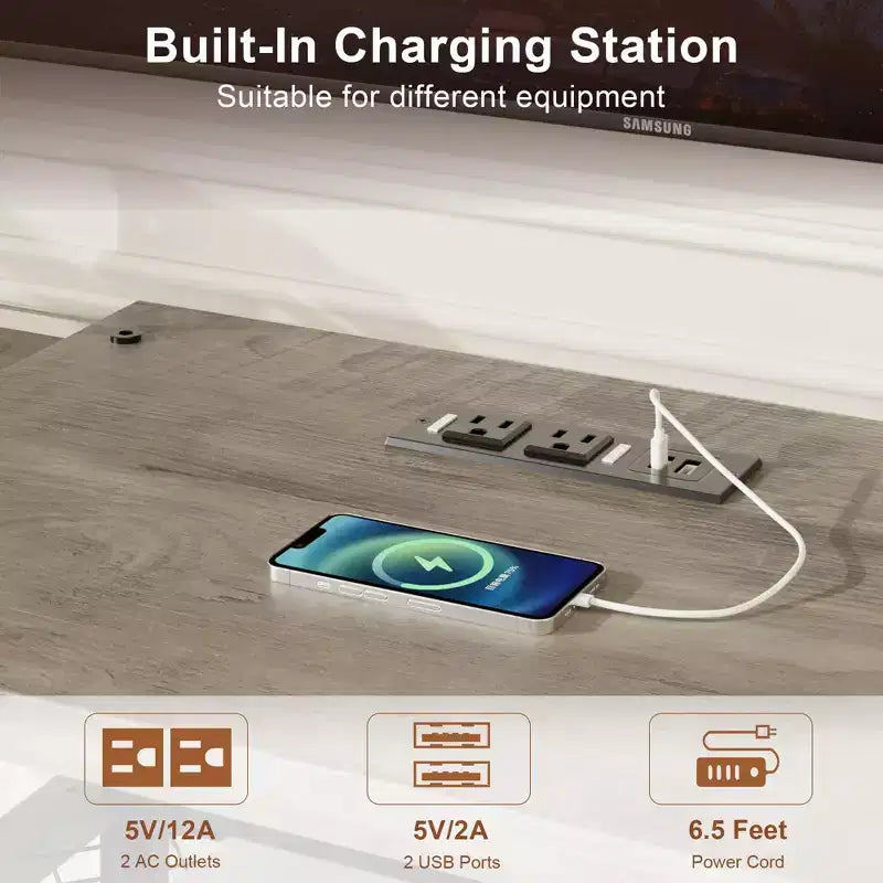 Meuble TV LED pour téléviseurs jusqu'à 75 pouces, meuble de divertissement de 170 cm avec prises de courant, étagères de rangement ouvertes, console TV