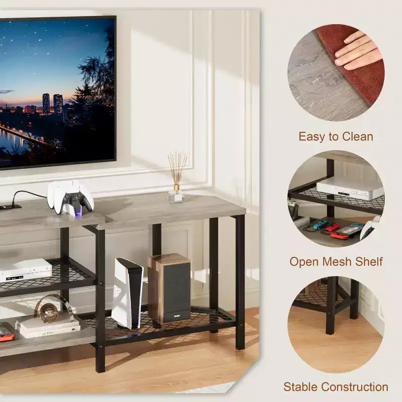 Meuble TV LED pour téléviseurs jusqu'à 75 pouces, meuble de divertissement de 170 cm avec prises de courant, étagères de rangement ouvertes, console TV