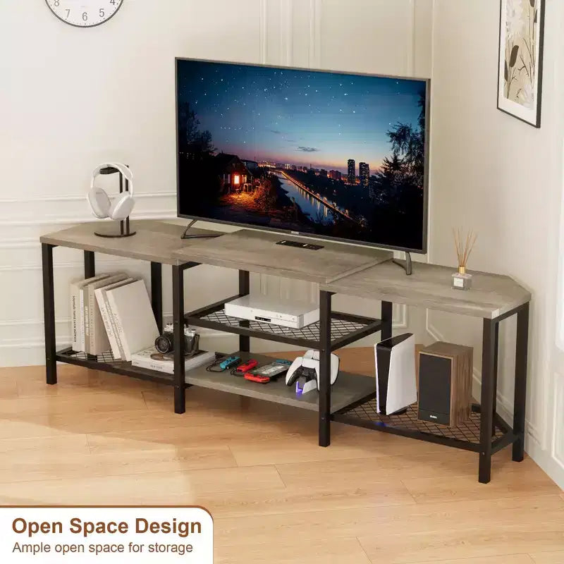 Meuble TV LED pour téléviseurs jusqu'à 75 pouces, meuble de divertissement de 170 cm avec prises de courant, étagères de rangement ouvertes, console TV