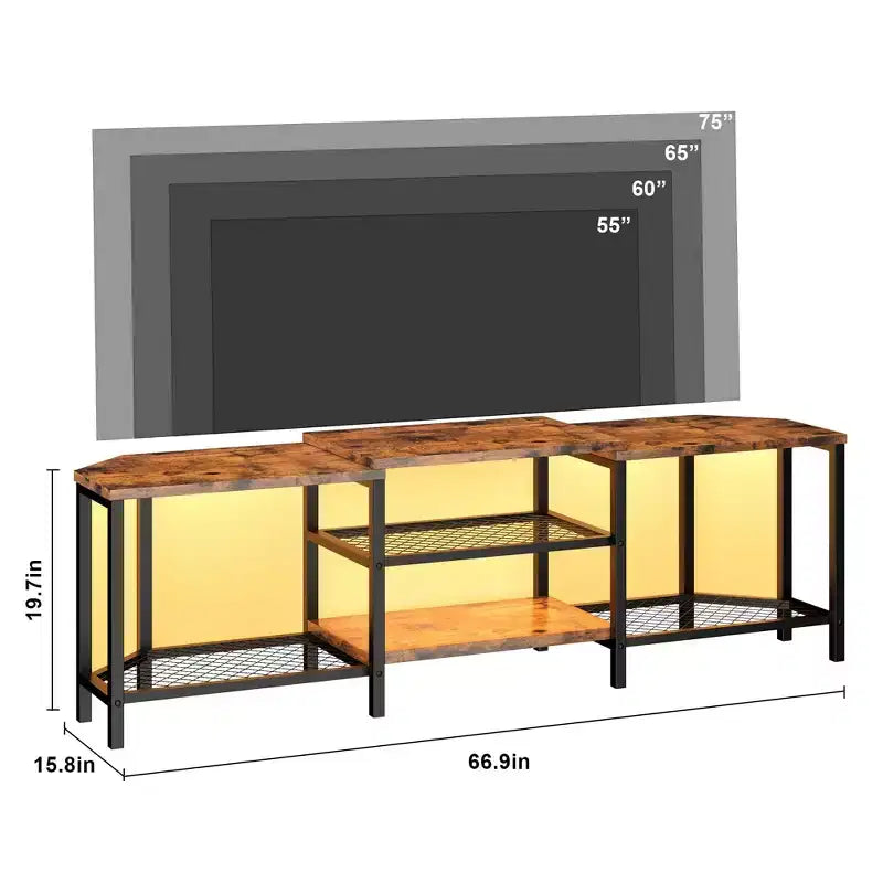 Meuble TV LED pour téléviseurs jusqu'à 75 pouces, meuble de divertissement de 170 cm avec prises de courant, étagères de rangement ouvertes, console TV