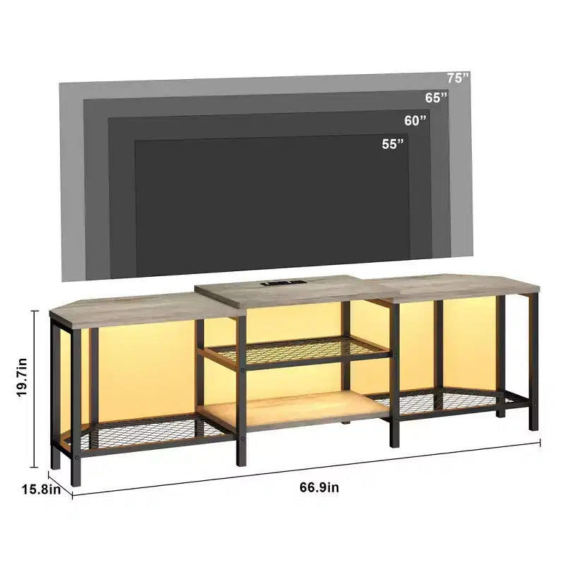 Meuble TV LED pour téléviseurs jusqu'à 75 pouces, meuble de divertissement de 170 cm avec prises de courant, étagères de rangement ouvertes, console TV