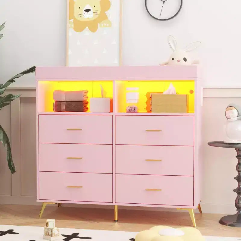 Commode de chambre avec plan à langer, commode à langer bébé à 6 tiroirs avec étagères ouvertes