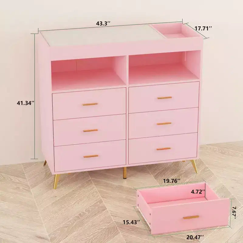 Commode de chambre avec plan à langer, commode à langer bébé à 6 tiroirs avec étagères ouvertes