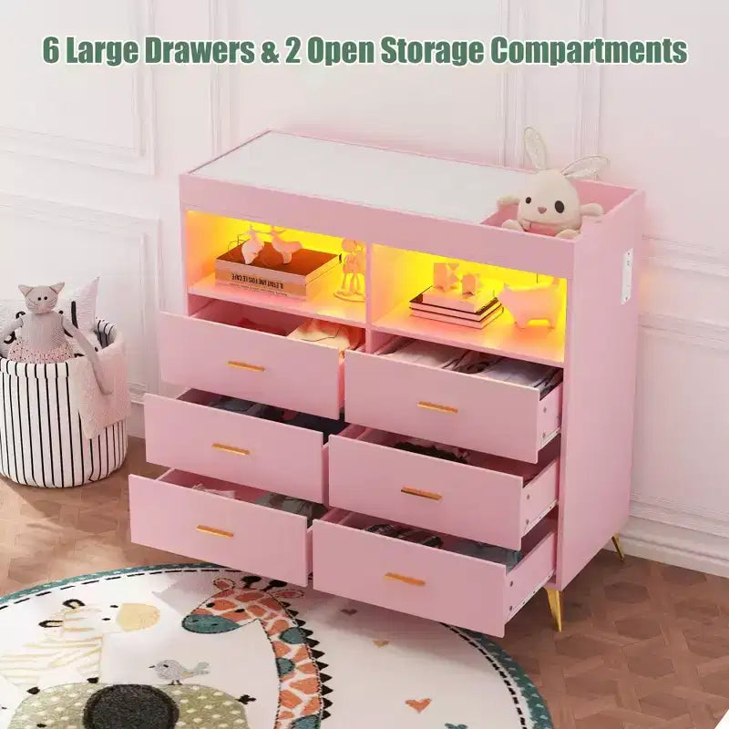 Commode de chambre avec plan à langer, commode à langer bébé à 6 tiroirs avec étagères ouvertes